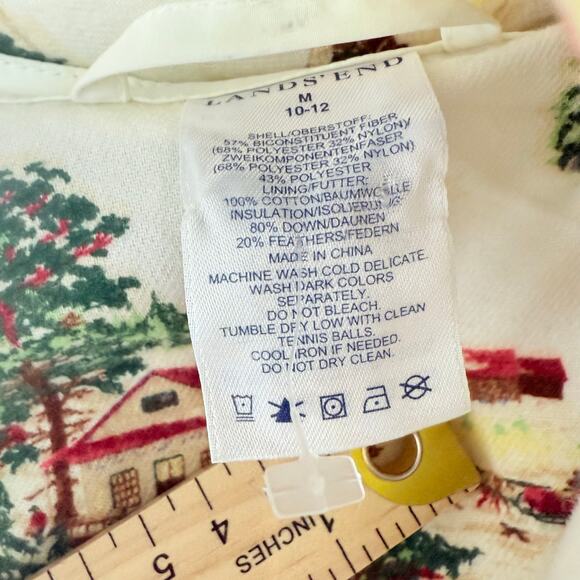 Lands End Down Puffer Coat White Long Maxi Jacket Fleece Lined Cabin Print M Vtg - Picture 9 of 11